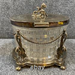 Antique Vintage Crystal Cut Glass Silver Biscuit Box English Seahorse Dragon