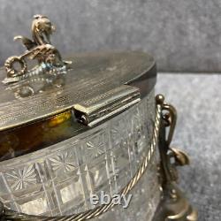 Antique Vintage Crystal Cut Glass Silver Biscuit Box English Seahorse Dragon