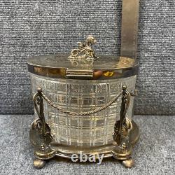 Antique Vintage Crystal Cut Glass Silver Biscuit Box English Seahorse Dragon