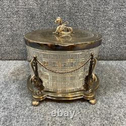 Antique Vintage Crystal Cut Glass Silver Plated Biscuit Box English Seahorse