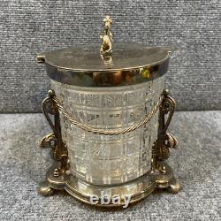 Antique Vintage Crystal Cut Glass Silver Plated Biscuit Box English Seahorse Antique Vintage Crystal Cut Glass Silver Plated Biscuit Box English Seahorse