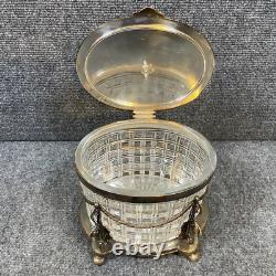 Antique Vintage Crystal Cut Glass Silver Plated Biscuit Box English Seahorse