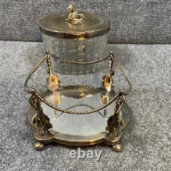Antique Vintage Crystal Cut Glass Silver Plated Biscuit Box English Seahorse