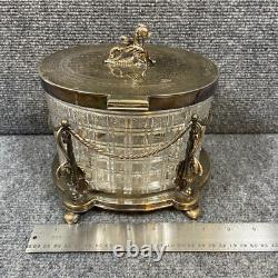 Antique Vintage Crystal Cut Glass Silver Plated Biscuit Box English Seahorse