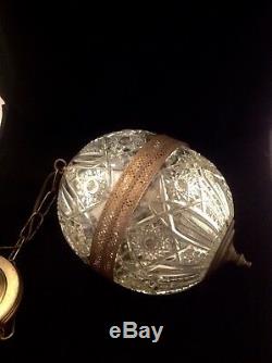 Antique Vintage Cut Glass Crystal Brass Globe Sphere Ball Swag Hanging Light