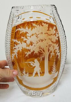 Antique Vintage Cut Glass Crystal Vase Hunting Scene Bohemian Art Glass German