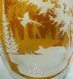 Antique Vintage Cut Glass Crystal Vase Hunting Scene Bohemian Art Glass German
