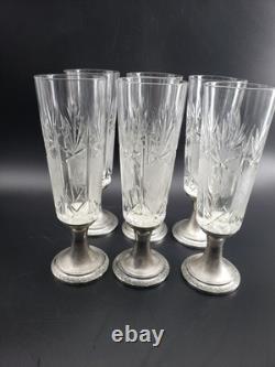 Antique Weighted 800 Silver Bottom Cut Crystal Fluted Glasses set of 6