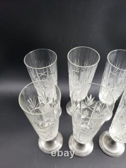Antique Weighted 800 Silver Bottom Cut Crystal Fluted Glasses set of 6