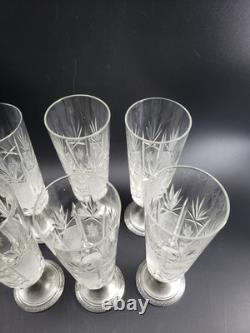 Antique Weighted 800 Silver Bottom Cut Crystal Fluted Glasses set of 6