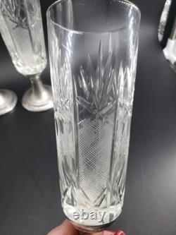 Antique Weighted 800 Silver Bottom Cut Crystal Fluted Glasses set of 6