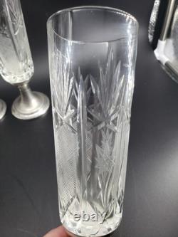 Antique Weighted 800 Silver Bottom Cut Crystal Fluted Glasses set of 6