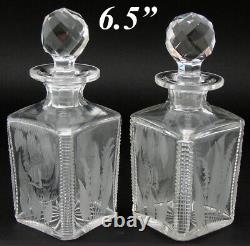 Antique Wheel Cut & Intaglio Engraved Crystal 6 5/8 Decanter Pair, B Monogram