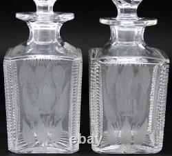 Antique Wheel Cut & Intaglio Engraved Crystal 6 5/8 Decanter Pair, B Monogram