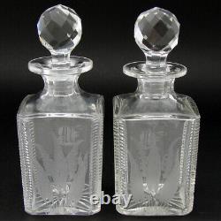 Antique Wheel Cut & Intaglio Engraved Crystal 6 5/8 Decanter Pair, B Monogram