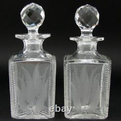 Antique Wheel Cut & Intaglio Engraved Crystal 6 5/8 Decanter Pair, B Monogram