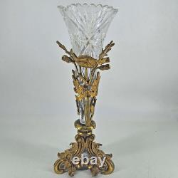 Antique cut crystal glass vase epergne in ornate brass floral stand 13