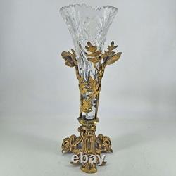 Antique cut crystal glass vase epergne in ornate brass floral stand 13