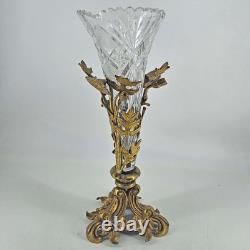Antique cut crystal glass vase epergne in ornate brass floral stand 13