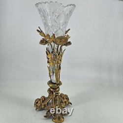 Antique cut crystal glass vase epergne in ornate brass floral stand 13