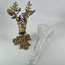 Antique cut crystal glass vase epergne in ornate brass floral stand 13