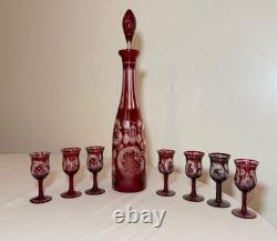 Antique cut to clear crystal Moser Czech Bohemian etched red glass decanter set