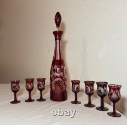 Antique cut to clear crystal Moser Czech Bohemian etched red glass decanter set