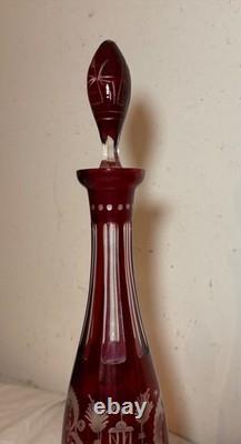 Antique cut to clear crystal Moser Czech Bohemian etched red glass decanter set