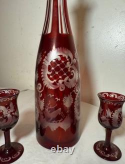 Antique cut to clear crystal Moser Czech Bohemian etched red glass decanter set