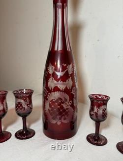 Antique cut to clear crystal Moser Czech Bohemian etched red glass decanter set