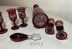 Antique cut to clear crystal Moser Czech Bohemian etched red glass decanter set