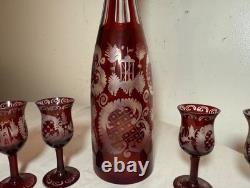 Antique cut to clear crystal Moser Czech Bohemian etched red glass decanter set