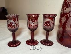 Antique cut to clear crystal Moser Czech Bohemian etched red glass decanter set