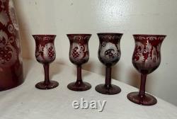 Antique cut to clear crystal Moser Czech Bohemian etched red glass decanter set