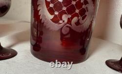 Antique cut to clear crystal Moser Czech Bohemian etched red glass decanter set