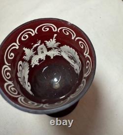 Antique cut to clear crystal Moser Czech Bohemian etched red glass decanter set