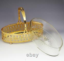 Antique early 20thC Art Deco French crystal glass cut Bowl in gilt bronze Basket