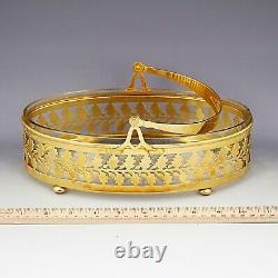 Antique early 20thC Art Deco French crystal glass cut Bowl in gilt bronze Basket