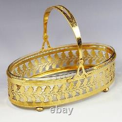 Antique early 20thC Art Deco French crystal glass cut Bowl in gilt bronze Basket