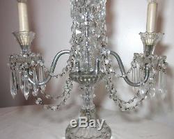 Antique ornate drop cut crystal glass girandole candelabra electric table lamp