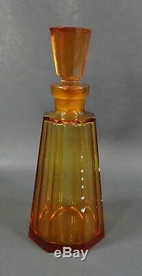 Art Deco Bohemian Czech Amber Octagonal Cut Crystal Liquor Decanter 6 Cups Set