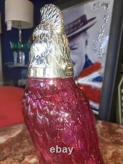 Art Deco Cocktail Shaker decanter Cut Glass Cranberry Pink Silver Parrot