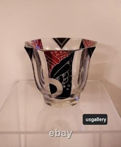 Art Deco Cut Crystal Etched Glass Overlay Art Glass Bowl Vase