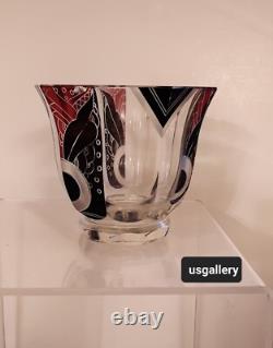 Art Deco Cut Crystal Etched Glass Overlay Art Glass Bowl Vase