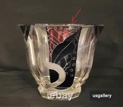 Art Deco Cut Crystal Etched Glass Overlay Art Glass Bowl Vase