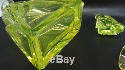 Art Deco Czech Bohemia Decanter + 2 Glasses Masive Uranium Vaseline Cut Crystal