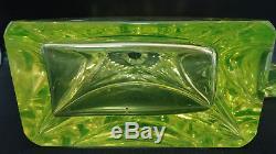 Art Deco Czech Bohemia Decanter + 2 Glasses Masive Uranium Vaseline Cut Crystal