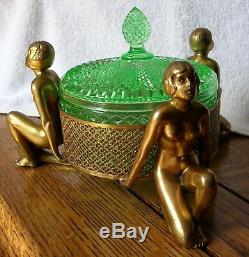 Art Nouveau Deco 3 Nudes Vaseline Cut Glass Gilt Dore Bronze Brass Covered Dish