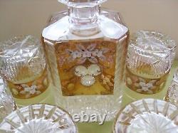 BEAUTIFUL 6 EUROPEAN CUT CRYSTAL ROCK GLASSES & DECANTER GOLD with Applied Flowers