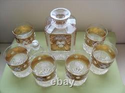 BEAUTIFUL 6 EUROPEAN CUT CRYSTAL ROCK GLASSES & DECANTER GOLD with Applied Flowers
